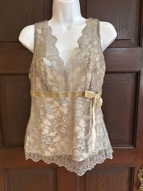 LOFT Lace V-Neck Chemise Tank in Metallic Silver Bow Sz 4